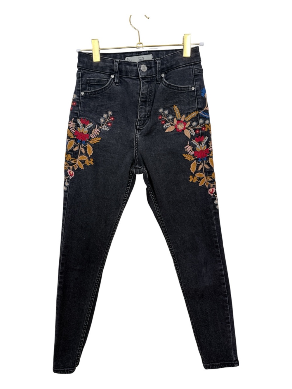 Topshop Moto Jamie Embroidered Floral Skinny Jeans Washed Black Size 26